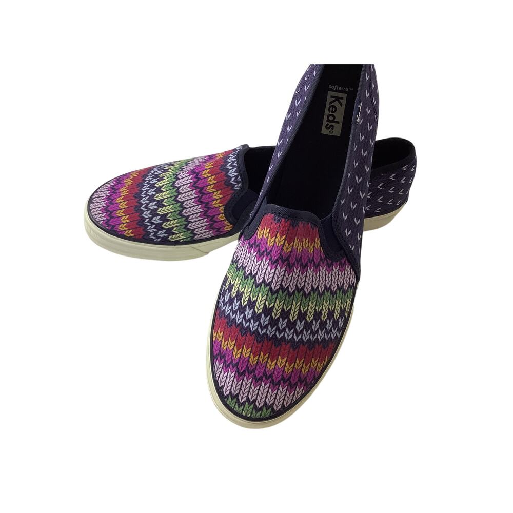 Keds Double Decker Fair Isle Canvas Rainbow Slip On Shoes Size 11W Navy